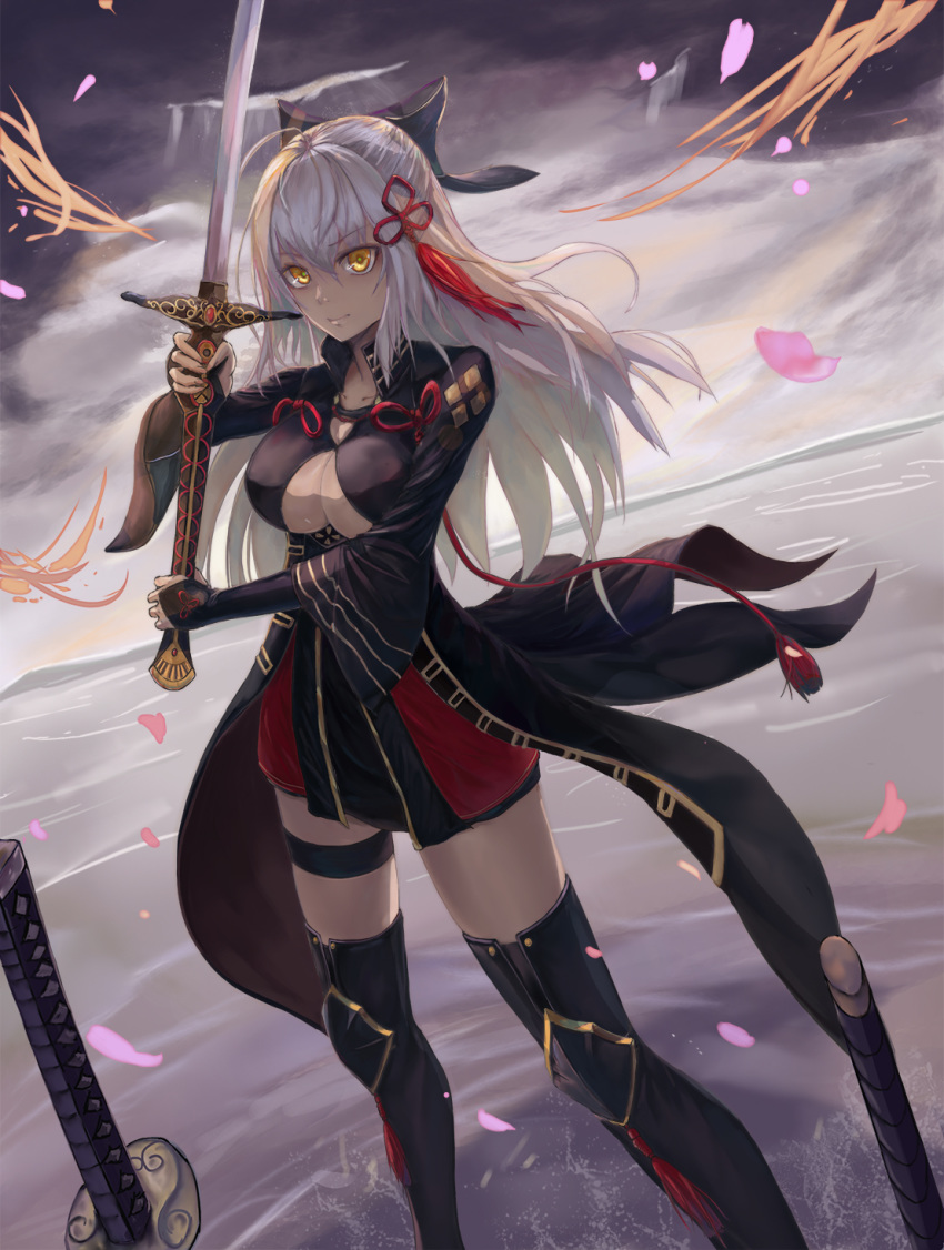 1girl black_bow black_legwear bow breasts cherry_blossoms cleavage cloud cloudy_sky collarbone dress eyebrows_visible_through_hair fate/grand_order fate_(series) floating_hair hair_bow hair_ornament highres hmrgyukina holding holding_sword holding_weapon large_breasts long_hair long_sleeves okita_souji_(alter)_(fate) okita_souji_(fate)_(all) outdoors petals short_dress silver_hair sky smile solo standing sword thigh_strap thighhighs very_long_hair weapon yellow