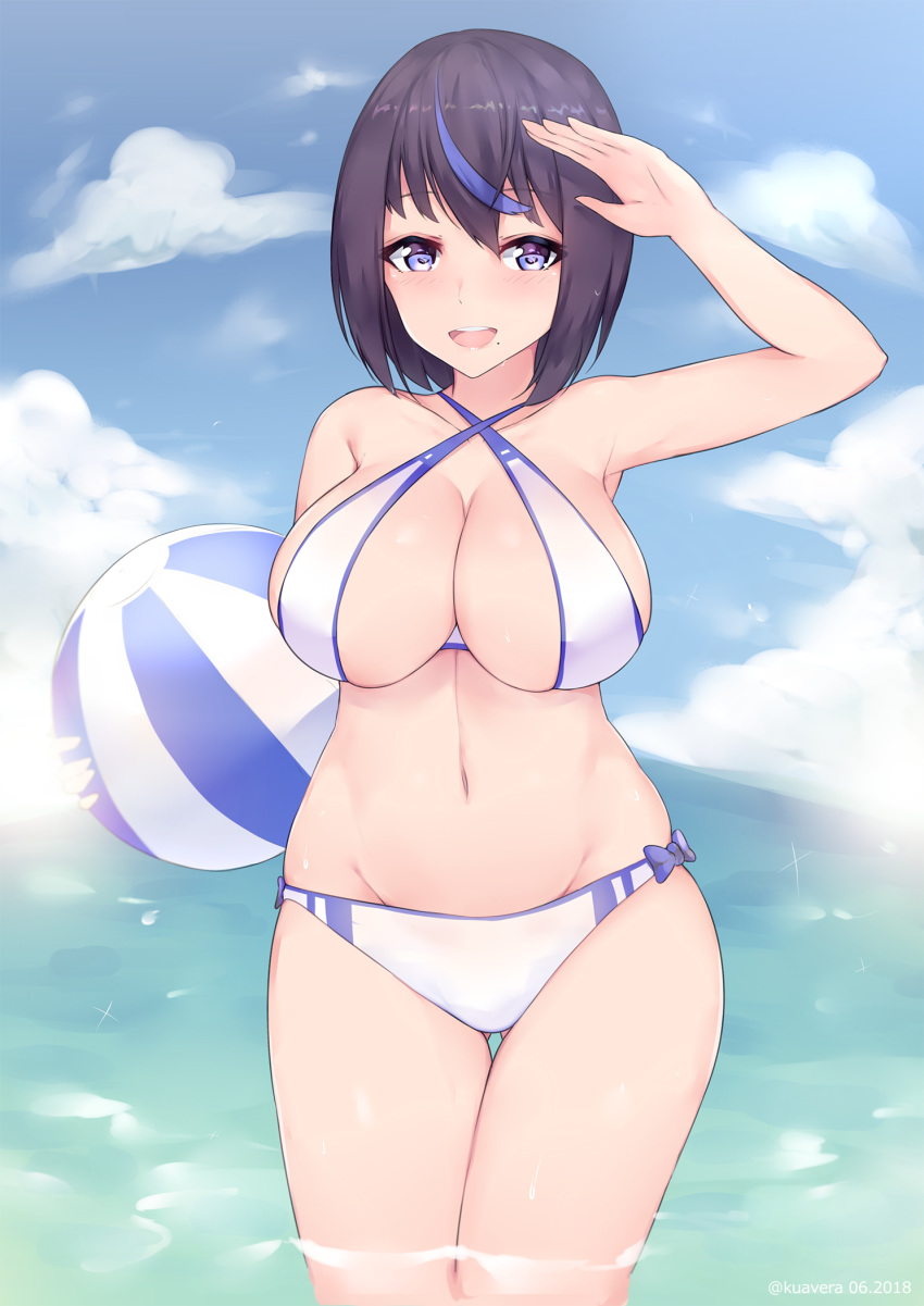 1girl arm_up ball bare_shoulders beachball bikini black_hair blue_bikini blue_eyes blue_hair bow bowtie breasts cleavage collarbone criss-cross_halter dated eyebrows_visible_through_hair gluteal_fold groin halterneck highres kuavera large_breasts looking_at_viewer mole mole_under_mouth multicolored_hair navel original paid_reward patreon_reward raised_eyebrows short_hair solo swimsuit swimsuits thigh_gap thighs twitter_username two-tone_bikini two-tone_hair water white_bikini