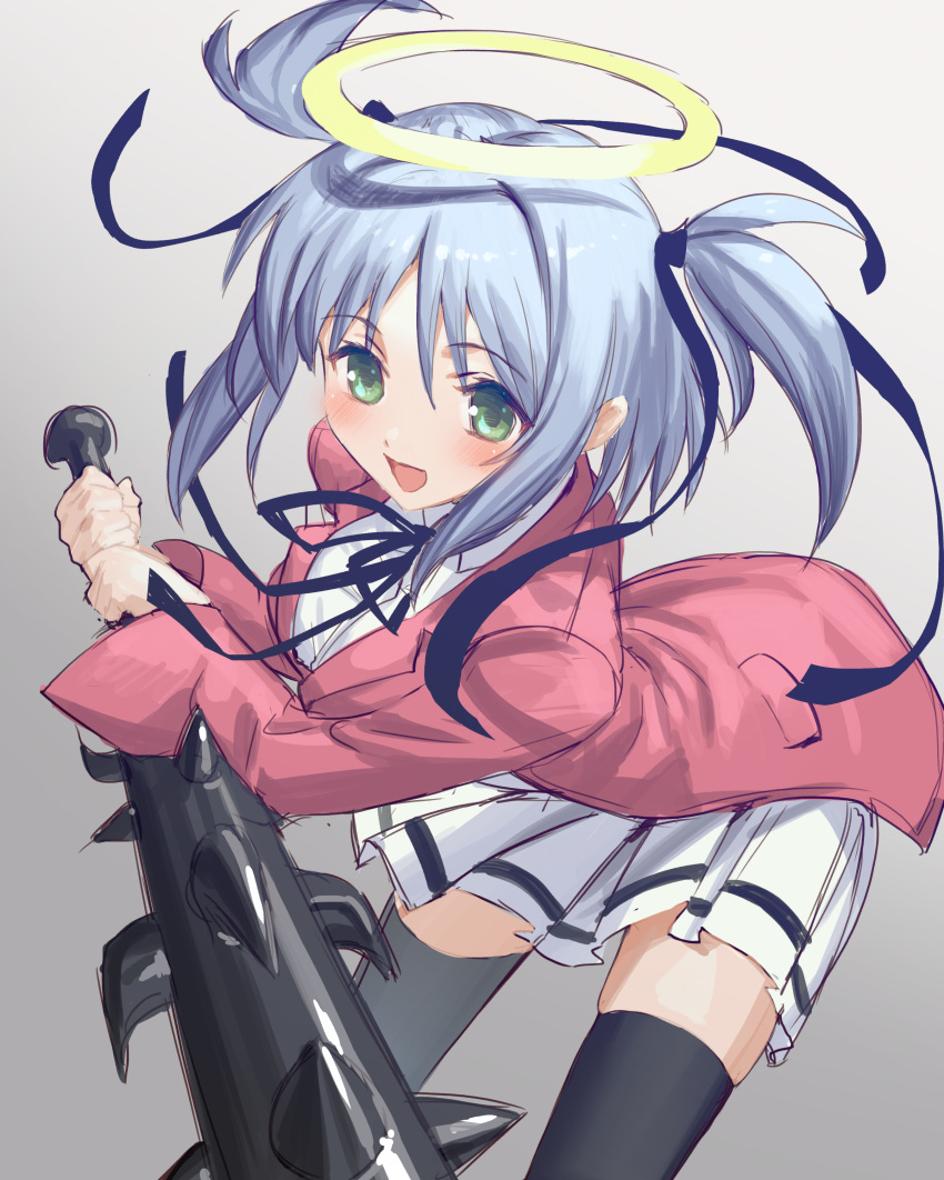 :d absurdres bangs black_legwear black_ribbon blue_hair blush bokusatsu_tenshi_dokuro-chan club excalibolg eyebrows_visible_through_hair green_eyes hair_between_eyes halo highres holding holding_weapon jacket kanabou light_blue_hair long_sleeves mitsukai_dokuro open_mouth pink_jacket ribbon sachimaa school_uniform short_hair short_twintails smile solo thighhighs twintails weapon zettai_ryouiki