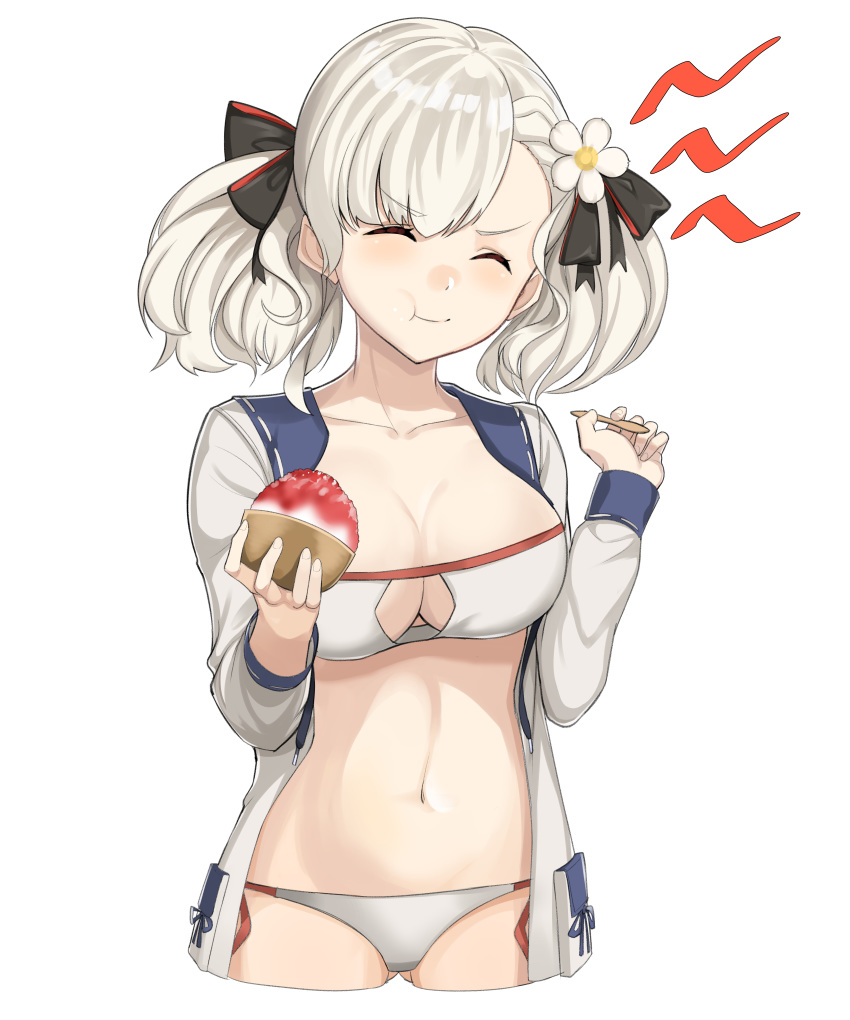 absurdres alternate_costume bangs bikini black_ribbon blush bowl brain_freeze breasts cleavage closed_eyes collarbone commentary cropped_legs eyebrows_visible_through_hair eyes_visible_through_hair facing_viewer food full_mouth girls_frontline groin hair_ribbon highres holding holding_bowl holding_spoon jacket large_breasts long_hair navel ohihil open_clothes open_jacket ribbon shaved_ice sidelocks silver_hair simple_background solo spas-12_(girls_frontline) spoon stomach swimsuit twintails white_background