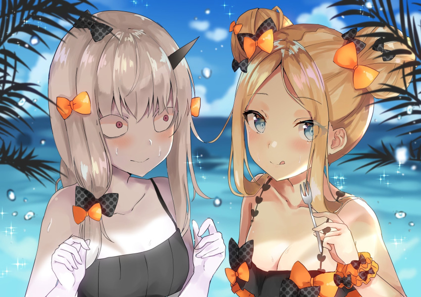 3: :q abigail_williams_(fate/grand_order) bangs bare_shoulders bikini black_bikini black_bow blonde_hair blue_eyes blue_sky blurry blurry_background blush bow breasts cleavage closed_mouth cloud collarbone commentary_request day depth_of_field double_bun emerald_float eyebrows_visible_through_hair fate/grand_order fate_(series) fork fou_(ssqseeker) hair_between_eyes hair_bow highres holding holding_fork horizon horn lavinia_whateley_(fate/grand_order) long_hair multiple_girls ocean orange_bow outdoors pale_skin parted_bangs pink_hair polka_dot polka_dot_bow side_bun sidelocks silver_hair sky small_breasts smile sparkle sweat swimsuit tongue tongue_out water wide-eyed