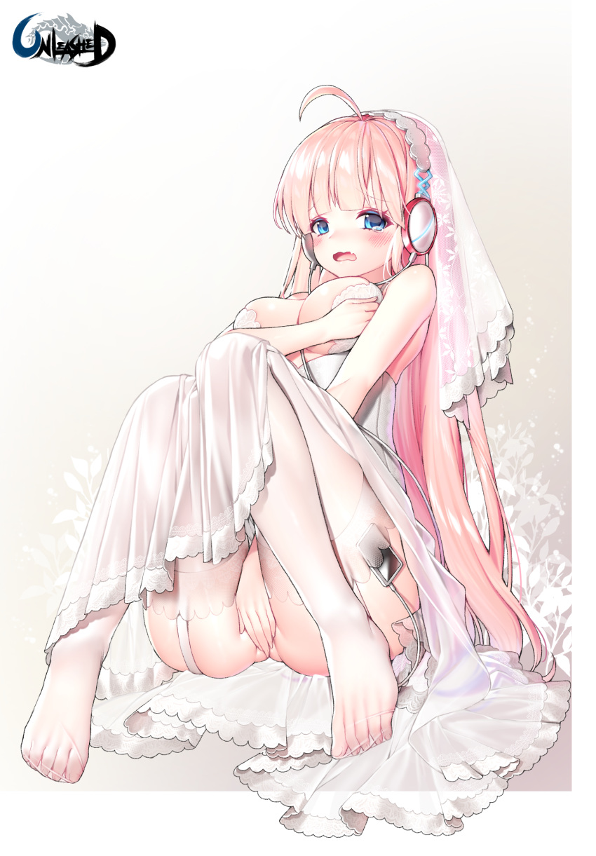 breast_hold dress feet headphones mgim2285 no_bra nopan see_through thighhighs unleashed wedding_dress