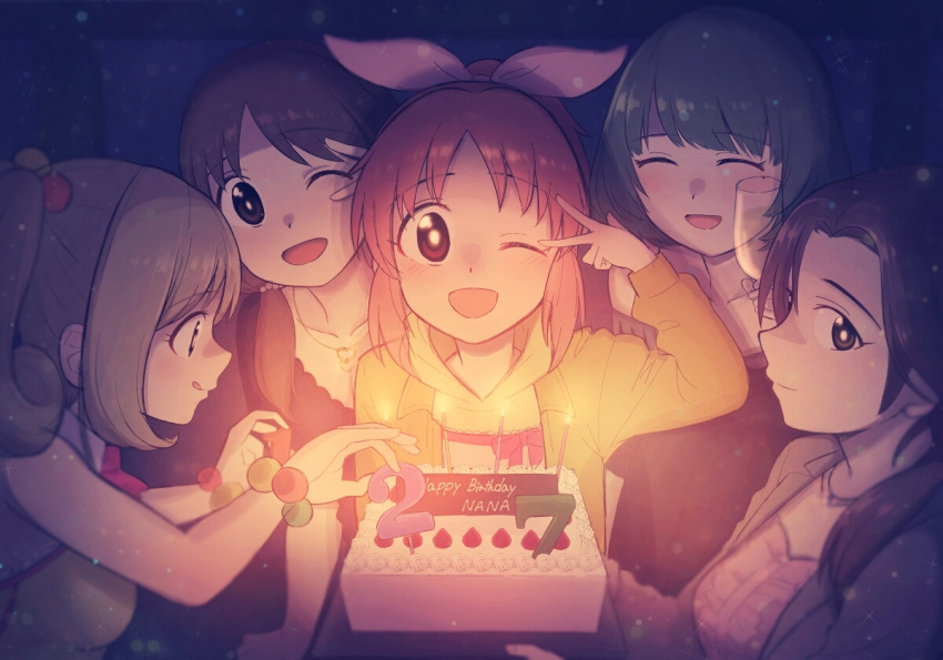 abe_nana alcohol birthday birthday_cake bow buta_tsuzumi cake candle champagne food hair_bow idolmaster idolmaster_cinderella_girls katagiri_sanae kawashima_mizuki multiple_girls one_eye_closed ponytail prank satou_shin takagaki_kaede tongue tongue_out twintails w_over_eye when_you_see_it