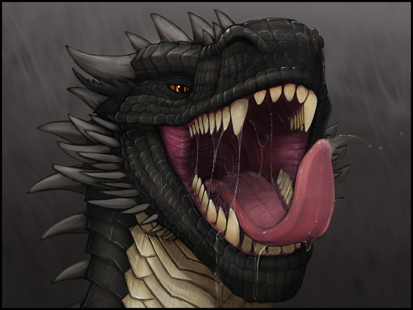 2018 acidic dragon drooling horn imminent_vore mouth_shot open_mouth orange_eyes saliva scales simple_background solo teeth tongue tongue_out vore