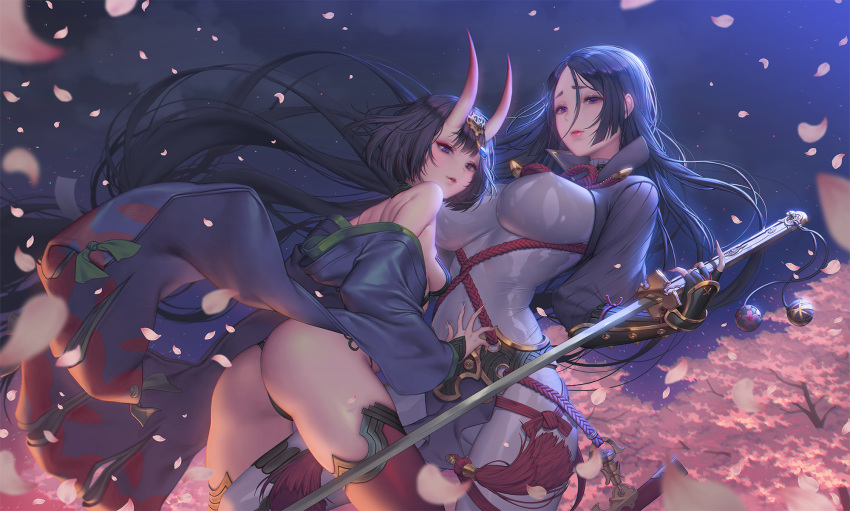 2girls ass cherry fate/grand_order fate_(series) food fruit horns japanese_clothes jpeg_artifacts kimono long_hair love_cacao minamoto_no_yorimitsu_(fate) panties purple_eyes purple_hair short_hair shuten_douji_(fate) thighhighs tree underwear weapon word