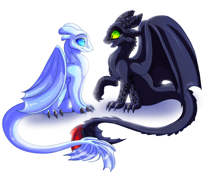 2018 blue_eyes claws digital_media_(artwork) dragon duo female feral green_eyes how_to_train_your_dragon light_fury male membranous_wings night_fury no_sclera plaguedogs123 simple_background sitting smile teeth toothless white_background wings