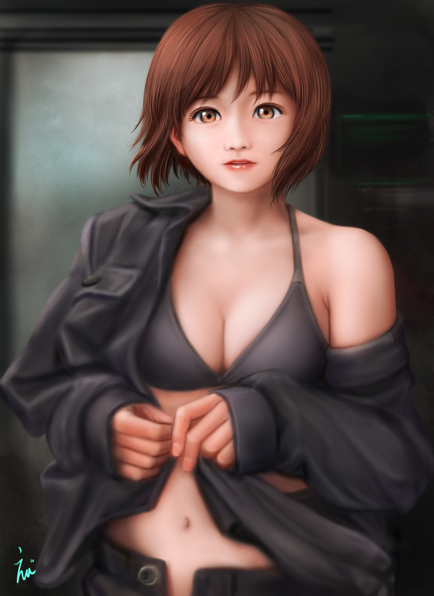 black_bra black_shirt bra breasts brown_eyes brown_hair cleavage commentary_request ebi_(eeotoko) girls_und_panzer highres lips looking_at_viewer medium_breasts navel nishizumi_miho off-shoulder_shirt open_fly pants shirt short_hair solo unbuttoned underwear undressing