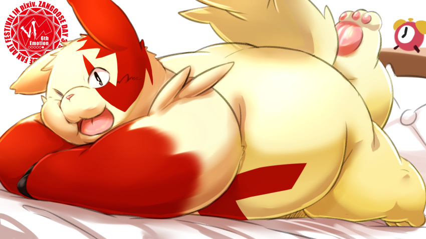 2014 ambiguous_gender anthro bed black_eyes chubby_cheeks claws cute digital_drawing_(artwork) digital_media_(artwork) fur looking_at_viewer lying mammal nintendo nude on_bed one_eye_closed open_mouth overweight pawpads pok&eacute;mon pok&eacute;mon_(species) rodemaru slightly_chubby smile solo tongue video_games white_fur wink zangoose