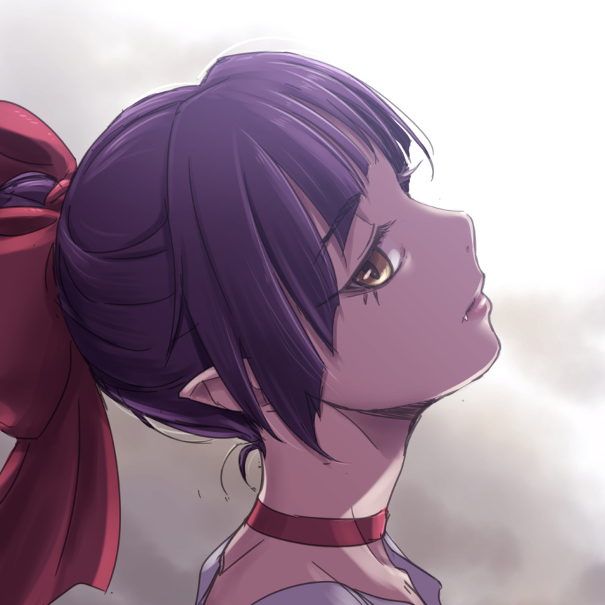 bangs blunt_bangs choker closed_mouth collarbone commentary_request eyebrows_visible_through_hair fang fang_out gegege_no_kitarou hair_ribbon highres nekomusume nekomusume_(gegege_no_kitarou_6) pointy_ears portrait purple_hair red_choker red_ribbon ribbon short_hair sketch solo yazwo yellow_eyes