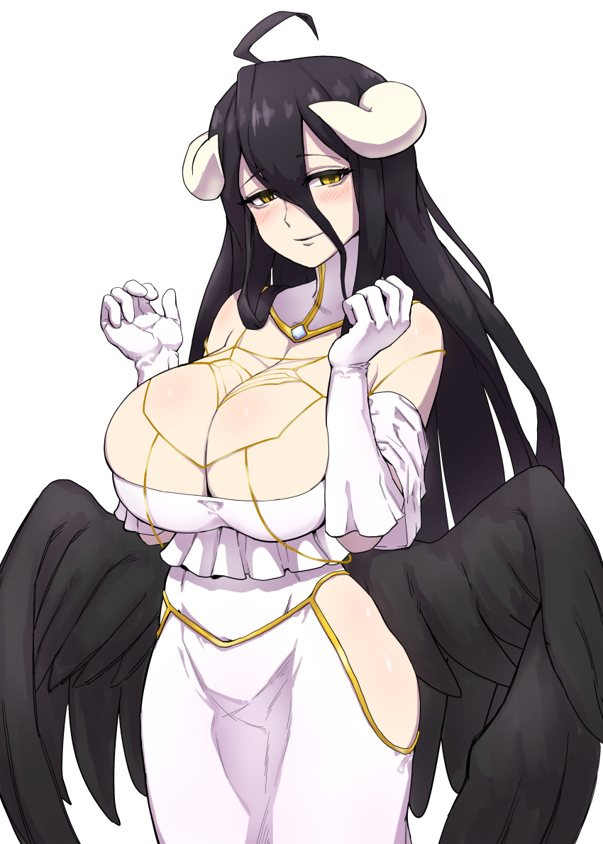 absurdres ahoge albedo bare_shoulders black_hair black_wings blush breast_squeeze breasts curvy demon_girl demon_horns demon_wings dress dungbae eyebrows_visible_through_hair feathered_wings gloves hair_between_eyes highres hip_vent hips horns huge_breasts long_hair looking_at_viewer low_wings nose_blush overlord_(maruyama) smile solo very_long_hair white_dress white_gloves wings yellow_eyes