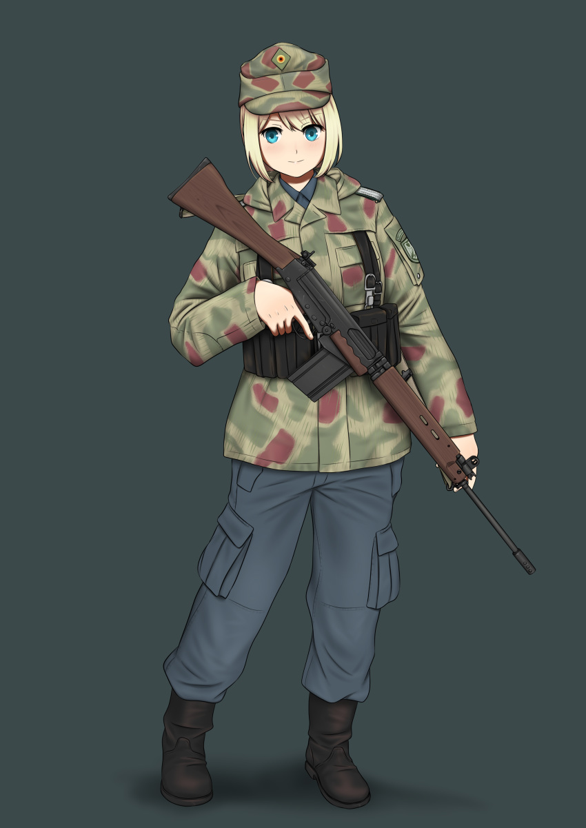 absurdres battle_rifle blonde_hair blue_eyes camouflage cargo_pants commentary_request fn_fal full_body germany gun hat highres holding holding_gun holding_weapon military military_hat military_uniform millimeter original pants rifle short_hair simple_background solo trigger_discipline uniform weapon