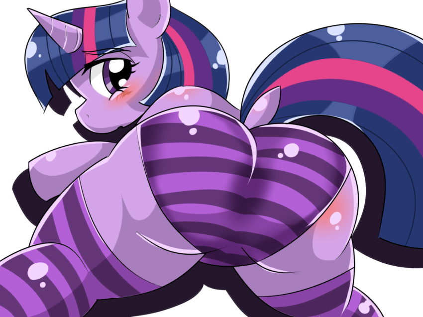 2015 blush butt clothed clothing dock equine eyebrows eyelashes female feral friendship_is_magic hair hooves horn legwear looking_at_viewer looking_back mammal multicolored_hair my_little_pony panties purple_eyes shadow simple_background socks solo striped_legwear striped_panties striped_socks stripes twilight_sparkle_(mlp) umejiru underwear unicorn white_background