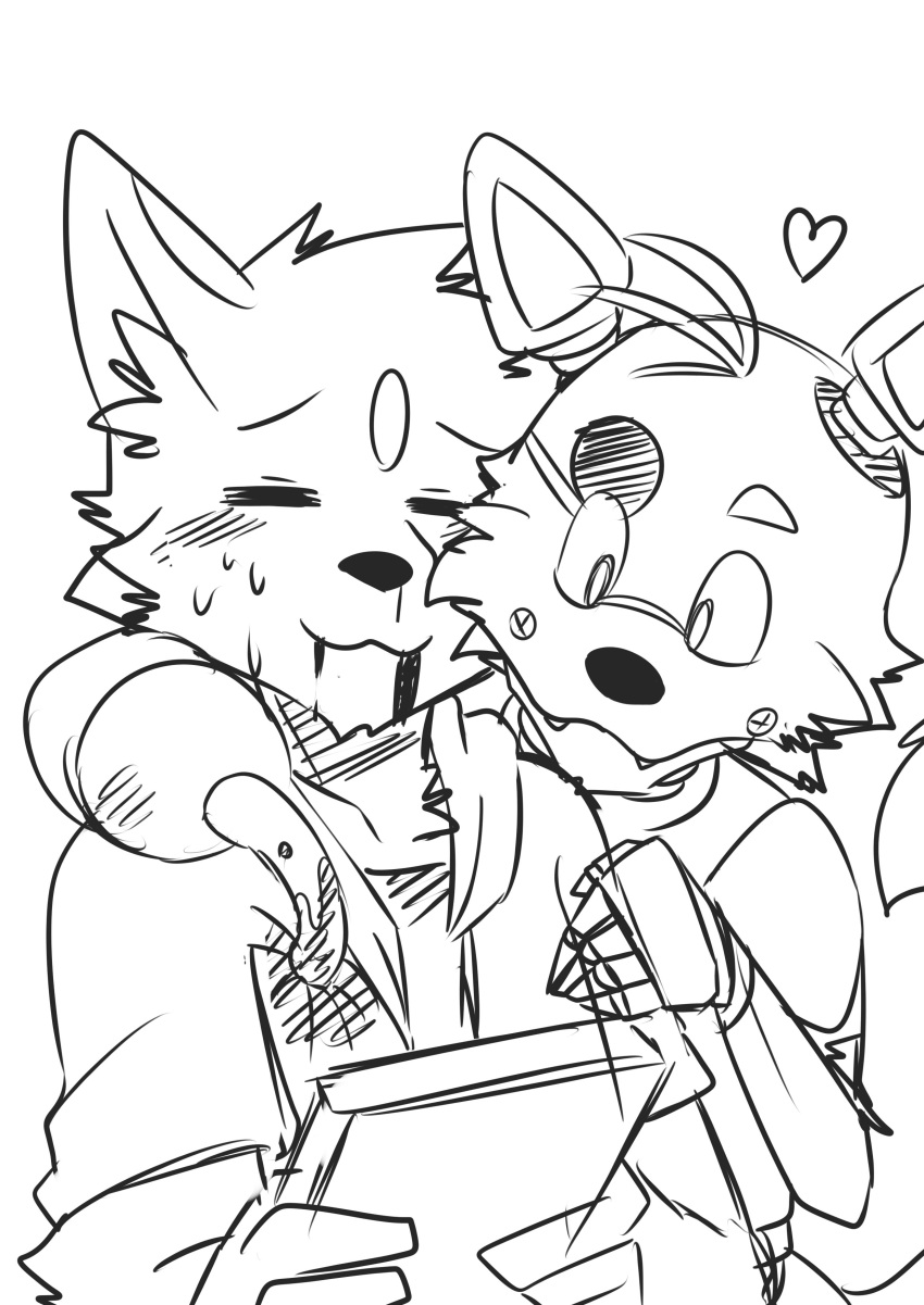 &lt;3 2014 animatronic anthro black_and_white black_nose blood blood_from_mouth blush canine clothed clothing cute_fangs death dog duo eye_patch eyes_closed eyewear fangs five_nights_at_freddy's fox foxy_(fnaf) fur grabbing_from_behind head_tuft holding_object hoodie hook inner_ear_fluff machine male mammal monochrome robot saku1saya seiya_(saku1saya) shirt simple_background smile stab sweat sweatdrop tablet teeth video_games violence white_background wounded