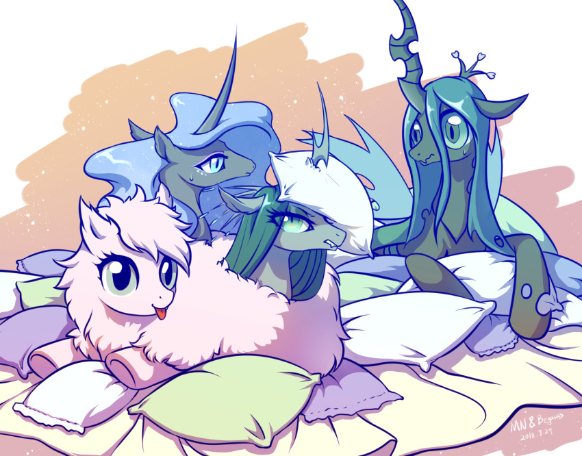 2018 annoyed bedding begasuslu blanket blep blue_eyes blue_hair changeling collaboration crown cute earth_pony equine eyelashes eyeshadow fan_character fangs female feral floppy_ears fluffle_puff fluffy friendship_is_magic fur green_eyes group hair hole_(anatomy) hooves horn horse insect_wings long_hair looking_at_viewer lying makeup mammal mascara midnight_black my_little_pony nightmare_moon_(mlp) pillow pink_fur pink_hair pony queen_chrysalis_(mlp) signature slit_pupils smile sweat teal_hair teeth tongue tongue_out wings