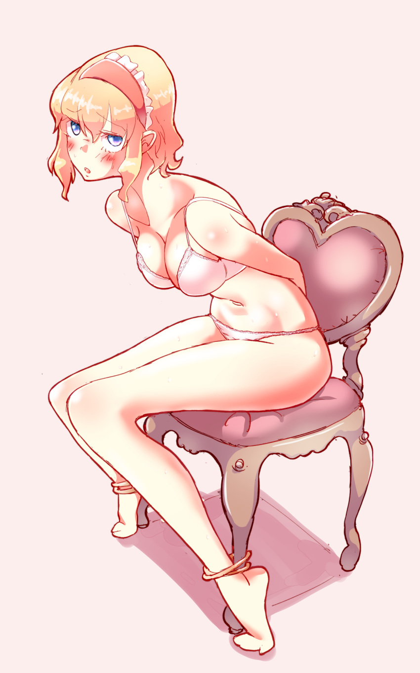 barefoot bdsm blonde_hair blue_eyes blush bound bra chair highres non_(z-art) panties sitting sweat touhou underwear