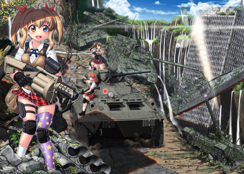 :3 apocalypse bandaid bandaid_on_face battleship benelli_m4 black_hair blonde_hair brown_hair btr-80 building commentary_request fang gloves grenade_launcher ground_vehicle gun hair_ribbon hase_yu headband heterochromia knee_pads kneehighs load_bearing_vest mgl-140 military military_vehicle milkor_mgl mk_12_spr motor_vehicle multiple_girls original pleated_skirt ponytail red_hair ribbon rifle rubbing ruins school_uniform scope ship shotgun skirt sky sniper_rifle t-90 tank thighhighs traffic_light twintails vertical_foregrip warship water watercraft waterfall weapon zettai_ryouiki