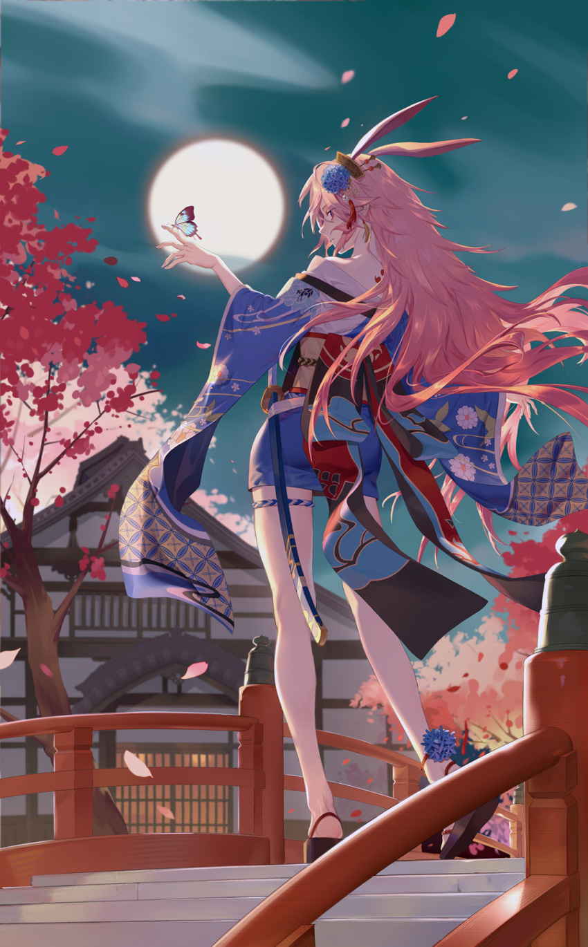 animal_ears ankle_flower back_tattoo bare_legs bare_shoulders benghuai_xueyuan blue_eyes blue_kimono bug bunny_ears butterfly butterfly_on_hand cherry_blossoms contrapposto dubian_xiang earrings flower from_behind full_body full_moon hair_flower hair_ornament hand_up highres honkai_impact insect japanese_clothes jewelry kanzashi katana kimono long_hair long_legs md5_mismatch moon night night_sky obi obijime off_shoulder pale_skin parted_lips petals pink_hair profile sash scabbard sheath sheathed shippou_(pattern) short_kimono sideways_glance sky solo standing sword tattoo thigh_strap tree very_long_hair weapon wide_sleeves wooden_bridge yae_sakura_(benghuai_xueyuan) zouri