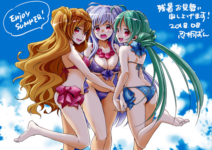 alternate_hairstyle azur_lane barefoot blonde_hair breasts cleavage cloud comet_(azur_lane) commentary_request crescent_(azur_lane) cygnet_(azur_lane) day english flower girl_sandwich graphite_(medium) green_hair holding_hands lavender_hair leg_up long_hair looking_at_viewer multiple_girls sandwiched shinogiri_zun swimsuit traditional_media translation_request twintails