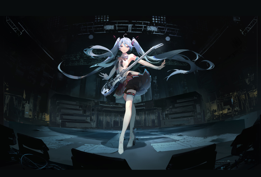 ahoge blue_eyes blue_hair boots commentary_request detached_sleeves electric_guitar floating_hair full_body guitar hatsune_miku highres instrument long_hair outstretched_arms pleated_skirt red_flowers skirt solo spread_arms thigh_boots thighhighs twintails very_long_hair vocaloid white_legwear