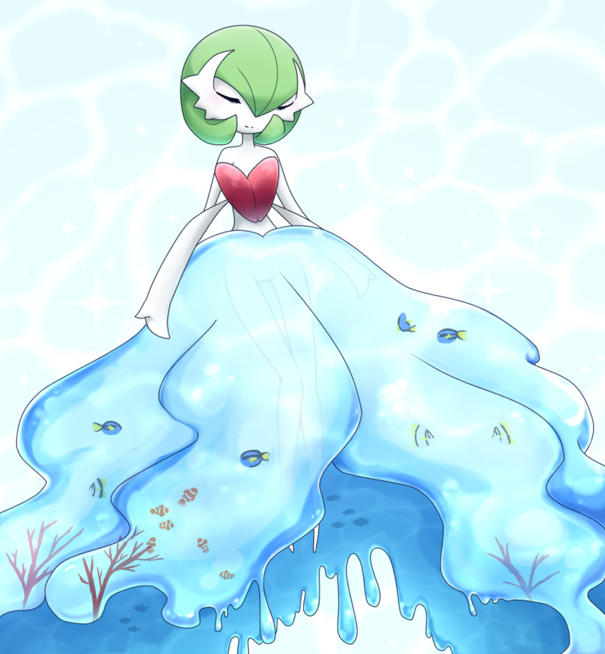 1girl blue_background blush coral creatures_(company) eyes_closed female fish full_body game_freak gardevoir gen_3_pokemon green_hair happy highres knees_together_feet_apart light_blush mega_gardevoir muguet nintendo no_humans pokemon pokemon_(creature) see-through short_hair simple_background smile solo thigh_gap water