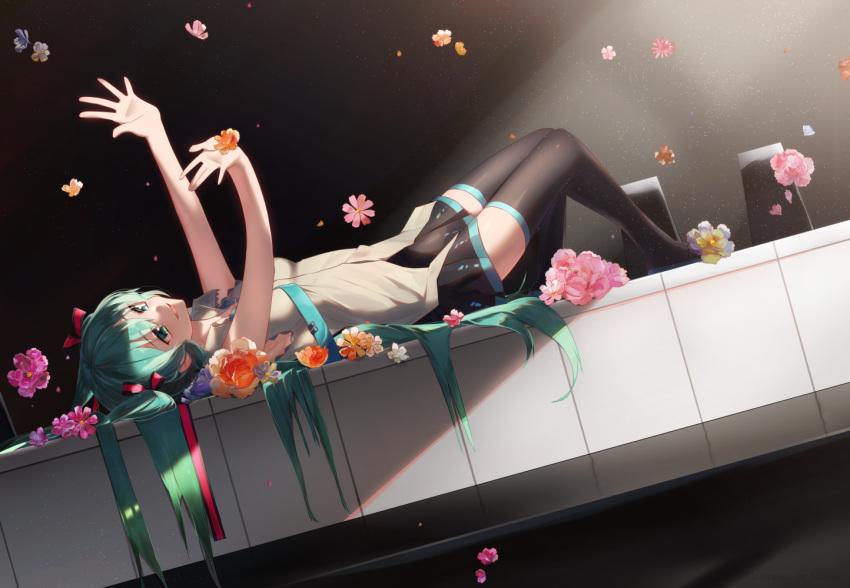 black_background black_legwear dutch_angle flower from_side full_body green_eyes green_hair hatsune_miku long_hair lying minigirl necktie on_back outstretched_arms piano_keys pleated_skirt skirt solo thighhighs very_long_hair vocaloid yamai_fake