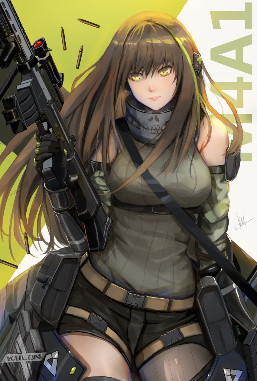 ammunition_pouch armband assault_rifle bangs bare_shoulders black_gloves black_shorts brown_hair bullet closed_mouth commentary detached_sleeves english_commentary girls_frontline gloves green_shirt gun highres holding holding_gun holding_weapon long_hair m4_carbine m4a1_(girls_frontline) multicolored_hair pouch ribbed_shirt rifle shell_casing shirt shorts signature sleeveless sleeveless_shirt standing strap streaked_hair thighs weapon x-kulon yellow_eyes