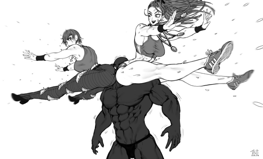 2girls ass ass-to-ass blood breasts captain_mizuki chougoukin_kurobikari commentary dark_skin face_in_ass girl_sandwich greyscale high_heels highres hip_attack large_breasts long_hair medal monochrome multiple_girls muscle muscular_female nosebleed one-punch_man pants parody rainbow_mika sandwiched street_fighter street_fighter_v sweat tank_top tanktop_girl the_golden_smurf thick_thighs thighs yamato_nadeshiko_(street_fighter)