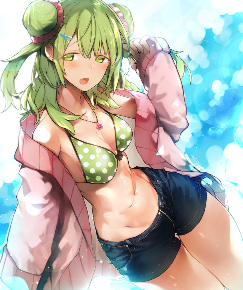 :d arm_up bangs bikini_top black_shorts blue_sky blush breasts commentary day double_bun dutch_angle earrings eyebrows_visible_through_hair green_bikini_top green_eyes green_hair hair_between_eyes highres jacket jewelry long_hair long_sleeves looking_at_viewer medium_breasts morinaka_kazaki navel nijisanji nishiide_kengorou open_clothes open_jacket open_mouth outdoors pink_jacket polka_dot polka_dot_bikini_top short_shorts shorts side_bun sky sleeves_past_wrists smile solo two_side_up virtual_youtuber