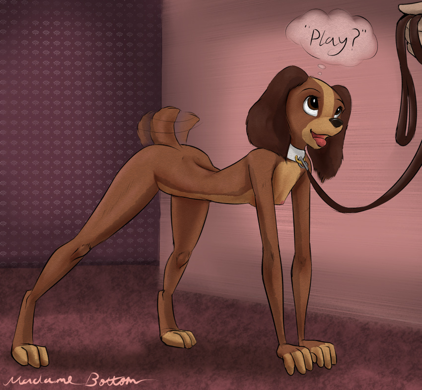 anthro areola breasts brown_eyes canine collar danielle disney dog english_text female human lady_and_the_tramp leash madame_bottom mammal nipples nude open_mouth petplay roleplay small_breasts tailwag text tongue tongue_out young