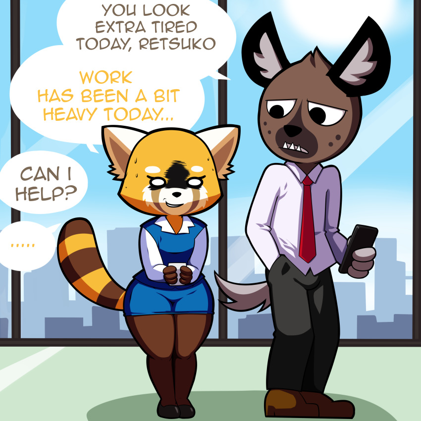 ... 2018 aggressive_retsuko anthro biped black_eyes black_fur black_nose brown_fur cellphone city clothed clothing day detailed_background dialogue dreamcastzx1 duo empty_eyes english_text female footwear fully_clothed fur fur_markings grin haida hand_in_pocket holding_cellphone holding_object holding_phone hyena inside larger_male legwear looking_at_another male mammal markings multicolored_fur necktie nervous open_mouth pants pantyhose phone red_panda retsuko sharp_teeth shirt shoes shorts size_difference sky smaller_female smile speech_bubble standing sweat tan_fur teeth text thick_thighs viktor2 white_fur wide_hips window