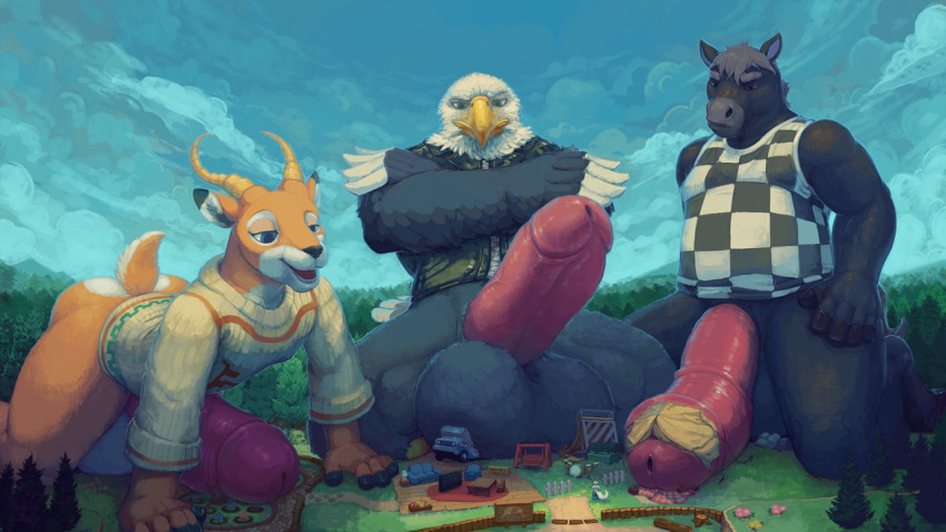all_fours animal_crossing animal_crossing_pocket_camp antelope anthro apollo_(animal_crossing) avian balls beak beau_(animal_crossing) big_balls big_penis bird butt camp clothed clothing eagle equine erection feathers forest fur hair horn horse huge_balls huge_penis humanoid_penis looking_at_viewer looking_down macro male mammal mostly_nude nintendo nommz open_mouth outside penis red_penis roscoe_(animal_crossing) shirt sitting slightly_chubby smile sweater thick_penis thick_thighs tree video_games