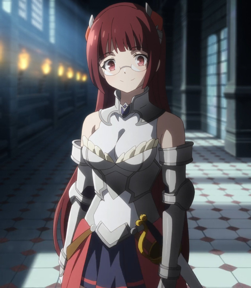 alicia_crystella arms_at_sides blurry blurry_background boobplate breastplate breasts elbow_gauntlets gauntlets glasses hair_ornament highres indoors isekai_maou_to_shoukan_shoujo_dorei_majutsu long_hair medium_breasts pleated_skirt red_eyes red_hair screencap shadow skirt smile solo standing stitched third-party_edit torch