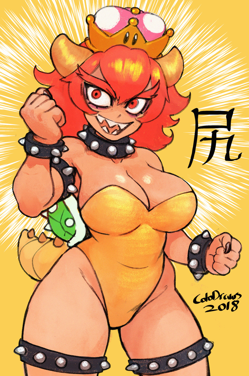 1girl absurdres black_collar black_nails bowsette bracelet breasts cleavage clenched_hands collar colo_(nagrolaz) cowboy_shot crown dark_skin dated eyebrows hair_between_eyes highleg highleg_leotard highres horns huge_filesize jewelry large_breasts leotard mario_(series) nail_polish new_super_mario_bros._u_deluxe nintendo open_mouth red_eyes red_hair sharp_nails sharp_teeth signature smile solo spiked_armlet spiked_bracelet spiked_collar spiked_shell spiked_tail spikes strapless strapless_leotard super_crown tail teeth turtle_shell yellow_background yellow_leotard