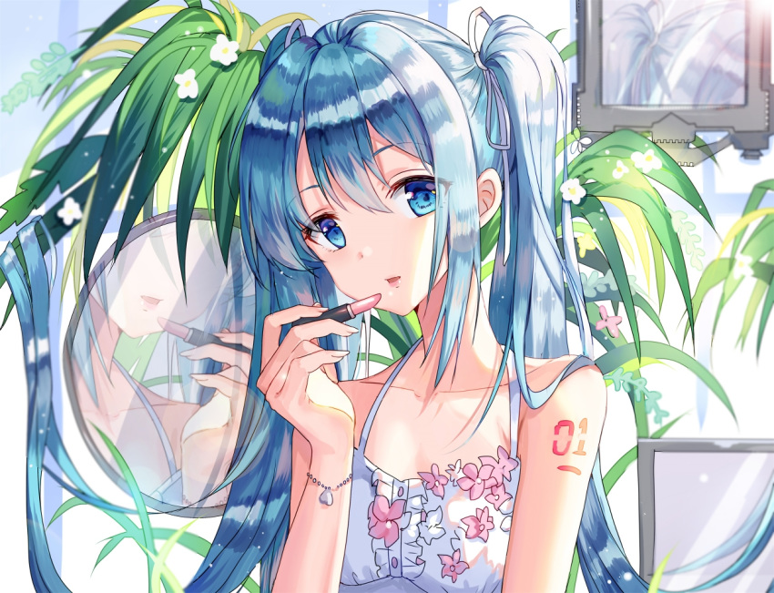 bangs bare_arms bare_shoulders blue_eyes blue_hair collarbone commentary_request dress eyebrows_visible_through_hair fingernails flower gejigejier hair_between_eyes hair_ribbon hatsune_miku head_tilt holding_lipstick lipstick makeup mirror parted_lips pink_flower reflection ribbon sleeveless sleeveless_dress solo twintails vocaloid white_dress white_flower white_ribbon