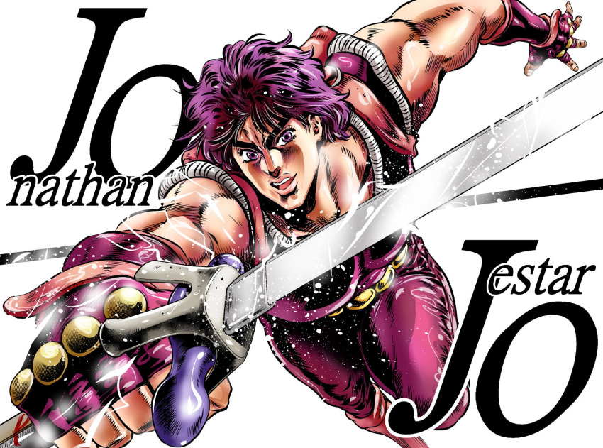 araki_hirohiko_(style) character_name electricity fingerless_gloves gloves hatching_(texture) highres jojo_no_kimyou_na_bouken jonathan_joestar male_focus muscle open_mouth phantom_blood purple_eyes purple_gloves purple_hair smile solo sword taki_reki weapon