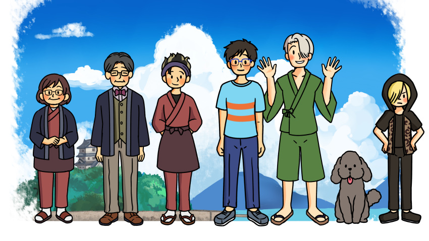 4boys absurdres arms_behind_back black_hair blonde_hair blue-framed_eyewear blue_sky bow bowtie brown_hair castle cloud day dog glasses hair_over_one_eye hands_on_hips highres hood hoodie japanese_clothes jinbei_(clothes) katsuki_hiroko katsuki_mari katsuki_toshiya katsuki_yuuri makkachin multiple_boys multiple_girls sandals silver_hair sky smile twc_(p-towaco) viktor_nikiforov yuri!!!_on_ice yuri_plisetsky