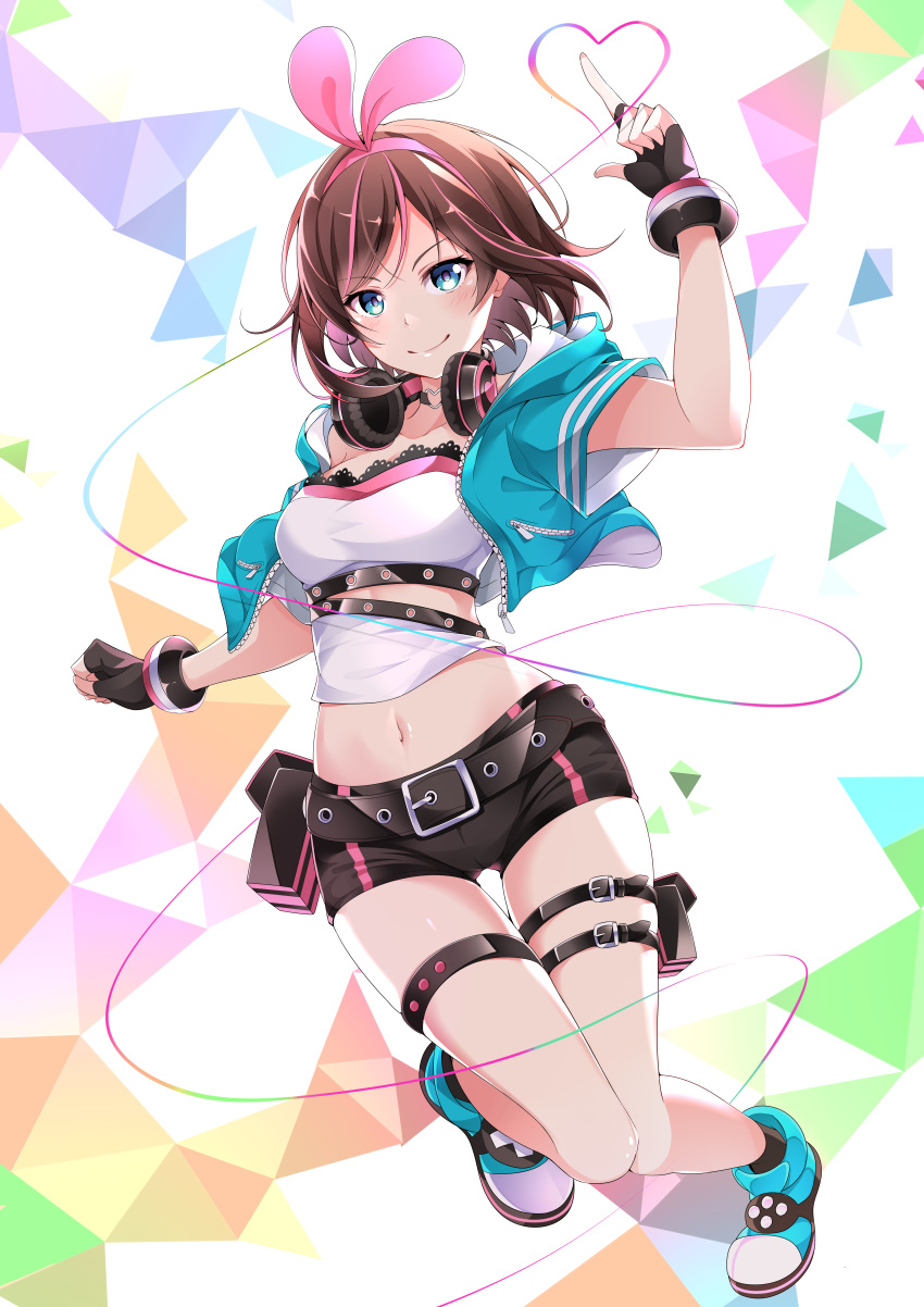 a.i._channel absurdres bangs belt black_gloves black_shorts blue_eyes bracelet brown_hair collarbone crop_top fingerless_gloves floating_hair full_body gloves hairband headphones headphones_around_neck heart highlights highres index_finger_raised jewelry kizuna_ai looking_at_viewer masabodo midriff multicolored_hair navel pink_hairband shiny shiny_hair shirt short_hair short_shorts shorts solo stomach swept_bangs thigh_strap virtual_youtuber white_shirt