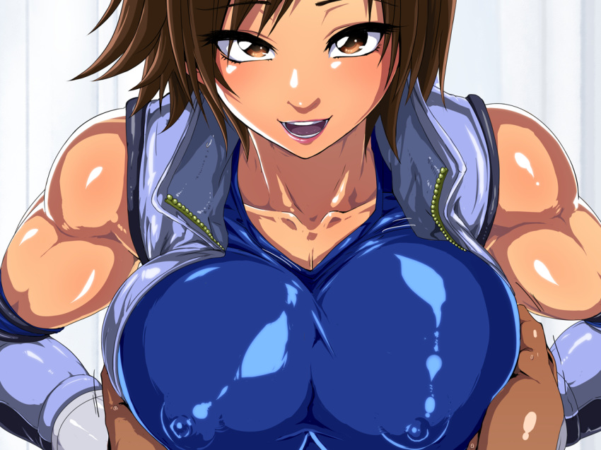 bare_shoulders blue_sports_bra blush breast_grab breasts brown_hair collarbone erect_nipples grabbing highres jacket jumpsuit kazama_asuka large_breasts looking_at_viewer motion_lines open_clothes open_jacket open_mouth orange_eyes pov puffy_areolae puffy_nipples raburebo shiny shiny_clothes short_hair smile solo_focus sports_bra tekken upper_body waguchi_shouka