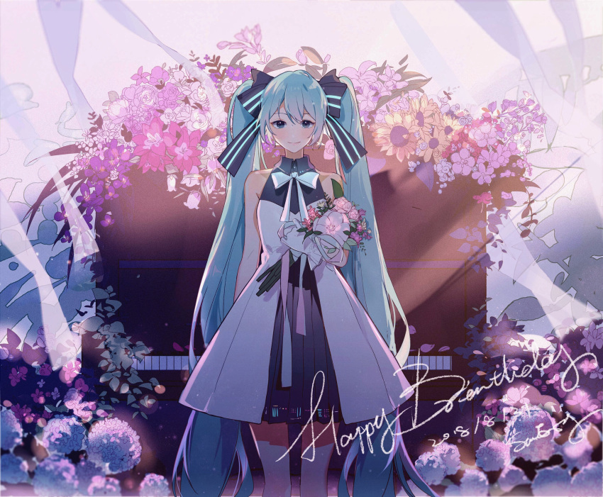 alternate_costume arm_at_side bangs bare_shoulders black_bow blue_bow blue_eyes blue_hair blue_neckwear blush bouquet bow bowtie closed_mouth collared_dress commentary_request dress feet_out_of_frame flower gloves hair_bow halterneck happy_birthday hatsune_miku highres holding holding_bouquet instrument layered_dress long_hair looking_at_viewer piano pink_lips pleated_dress rose shiny shiny_hair signature sleeveless sleeveless_dress smile solo standing striped striped_bow sumery transparent twintails very_long_hair vocaloid white_dress white_flower white_gloves white_rose wind wing_collar