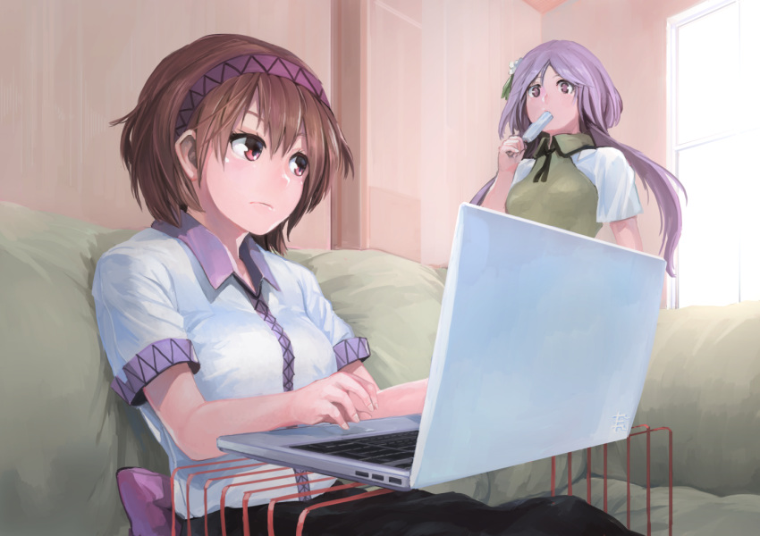 black_neckwear black_ribbon black_skirt breasts brown_eyes brown_hair commentary_request computer contemporary couch feet_out_of_frame flower food hair_flower hair_ornament hairband holding holding_food ichiba_youichi indoors laptop leaf long_hair looking_at_another low_twintails medium_breasts multiple_girls mundane_utility neck_ribbon popsicle purple_eyes purple_hair purple_hairband ribbon shirt short_hair siblings sisters sitting skirt standing touhou tsukumo_benben tsukumo_yatsuhashi twintails upper_body white_flower white_shirt window wing_collar