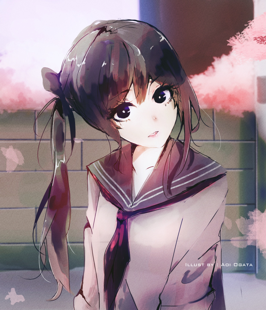 absurdres aoi_ogata artist_name bangs black_eyes black_hair cherry_blossoms collarbone commentary day eyebrows_visible_through_hair eyelashes head_tilt highres light_rays long_hair looking_at_viewer neckerchief original outdoors parted_lips red_neckwear school_uniform serafuku side_ponytail solo upper_body