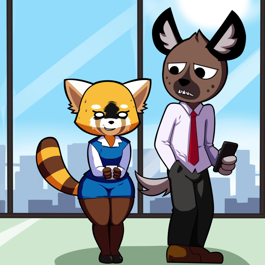 2018 aggressive_retsuko anthro biped black_eyes black_fur black_nose brown_fur cellphone city clothed clothing day detailed_background dreamcastzx1 duo empty_eyes female footwear fully_clothed fur fur_markings grin haida hand_in_pocket holding_cellphone holding_object holding_phone hyena inside larger_male legwear looking_at_another male mammal markings multicolored_fur necktie nervous open_mouth pants pantyhose phone red_panda retsuko sharp_teeth shirt shoes shorts size_difference sky smaller_female smile standing sweat tan_fur teeth thick_thighs viktor2 white_fur wide_hips window