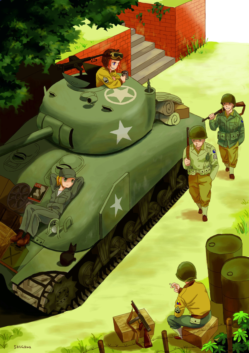 3boys barrel blonde_hair caterpillar_tracks commentary_request day escalator grass green_eyes ground_vehicle gun highres m4_sherman machine_gun magazine military military_vehicle motor_vehicle multiple_boys multiple_girls orange_hair original purple_eyes saigawa star submachine_gun tank thompson_submachine_gun tree weapon world_war_ii