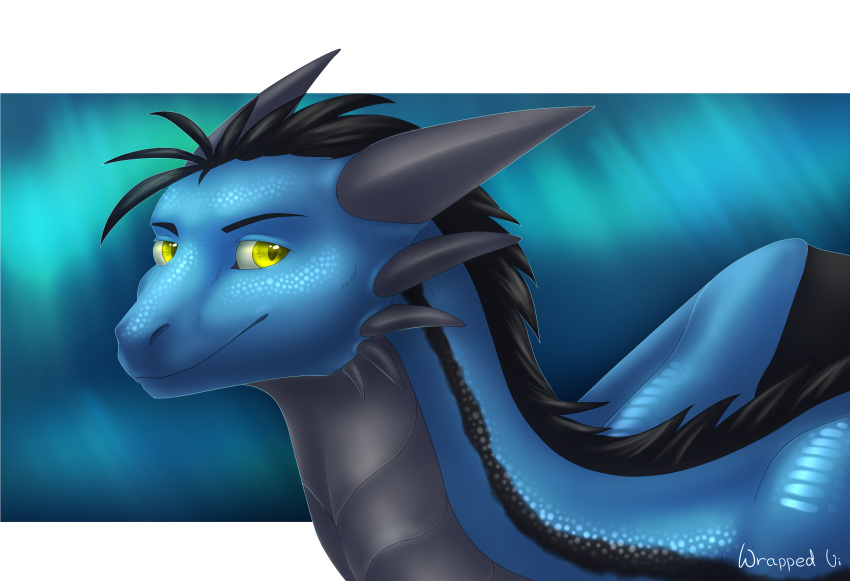 2018 black_hair blue_scales digital_media_(artwork) dragon feral green_eyes hair horn scales scalie smile solo western_dragon wrappedvi