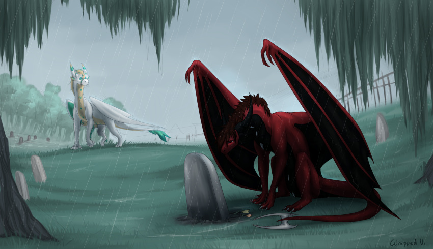 2018 claws day digital_media_(artwork) dragon duo feral grass membranous_wings outside raining red_eyes scalie sitting sky tree western_dragon wings wrappedvi