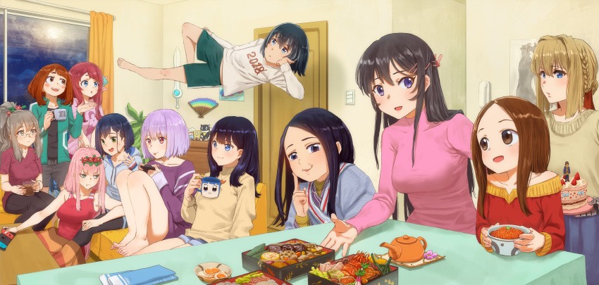 6+girls absurdres asirpa bangs beige_sweater black_hair blonde_hair blue_eyes blue_hair blue_shorts blue_sweater boku_no_hero_academia bow bowl braid breasts brown_eyes brown_hair cake chest_of_drawers closed_mouth commentary controller couch cup curtains cushion darling_in_the_franxx door english_commentary floating flower food french_braid futaba_rio game_console game_controller glasses golden_kamuy green_eyes hair_between_eyes hair_bow hair_flower hair_ornament hair_ribbon hairband hairclip highres hina_(hinamatsuri) hinamatsuri_(manga) holding holding_bowl holding_cake holding_cup hood hoodie ichigo_(darling_in_the_franxx) indoors jewelry justin_leyva_(steamy_tomato) karakai_jouzu_no_takagi-san long_hair looking_at_another looking_at_viewer medium_breasts military military_uniform minamoto_sakura multiple_girls necklace new_year's_eve obentou off_shoulder open_mouth orange_eyes pants party pink_hair pink_sweater ponytail prosthesis prosthetic_hand purple_sweater red_shirt red_tank_top ribbon room sakurajima_mai seishun_buta_yarou shinjou_akane shirt short_hair shorts sidelocks sitting small_breasts smile ssss.gridman standing straight_hair sweater table takagi-san takarada_rikka teapot uniform uraraka_ochako violet_evergarden_(character) window yellow_sweater zero_two_(darling_in_the_franxx) zombie_land_saga