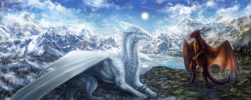 2018 albino amazing_background anthro claws day detailed_background digital_media_(artwork) dragon duo female feral grass isvoc male membranous_wings outside red_scales scales scalie sky spines sun western_dragon white_scales wings