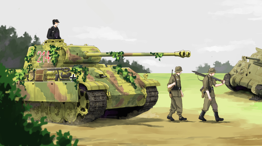 caterpillar_tracks commentary day grass ground_vehicle gun highres m4_sherman machine_gun mg42 military military_vehicle motor_vehicle multiple_boys panzerkampfwagen_panther real_life saigawa sky tank tree weapon wehrmacht world_war_ii