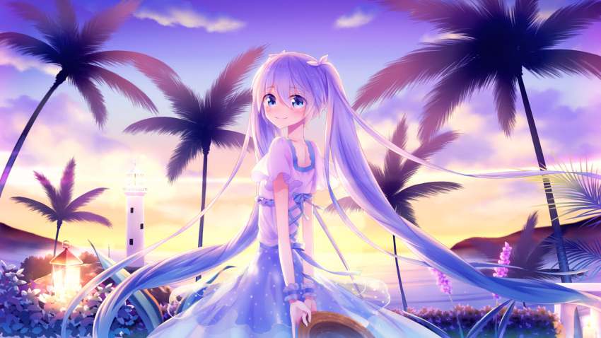 aqua_eyes aqua_hair dress eyebrows_visible_through_hair flower hair_ribbon hat hat_removed hatsune_miku headwear_removed long_hair looking_at_viewer looking_back ocean outdoors palm_tree ribbon sakakidani smile solo summer sunset tree twintails very_long_hair vocaloid wrist_cuffs