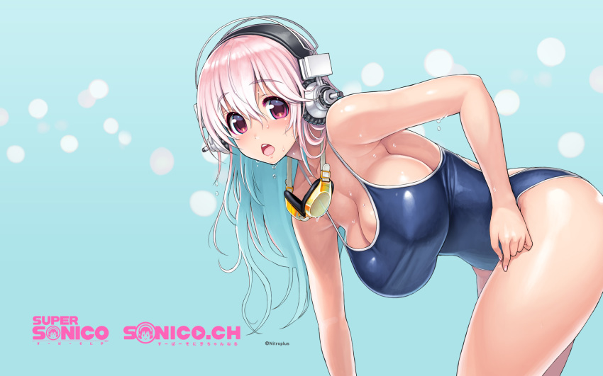 aqua_hair bent_over blue_swimsuit blush breasts competition_swimsuit goggles goggles_around_neck hanging_breasts headphones highres large_breasts leaning_forward long_hair looking_at_viewer multicolored_hair nitroplus official_art one-piece_swimsuit open_mouth pink_eyes pink_hair solo super_sonico swimsuit tsuji_santa two-tone_hair virtual_youtuber wallpaper